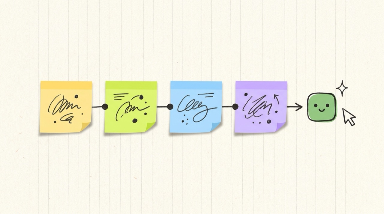 4 つの付箋の流れの先に AI の案内役がいる絵